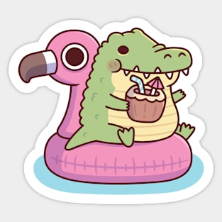 Cute Chubby Crocodile Chilling On Flamingo Pool Float Sticker